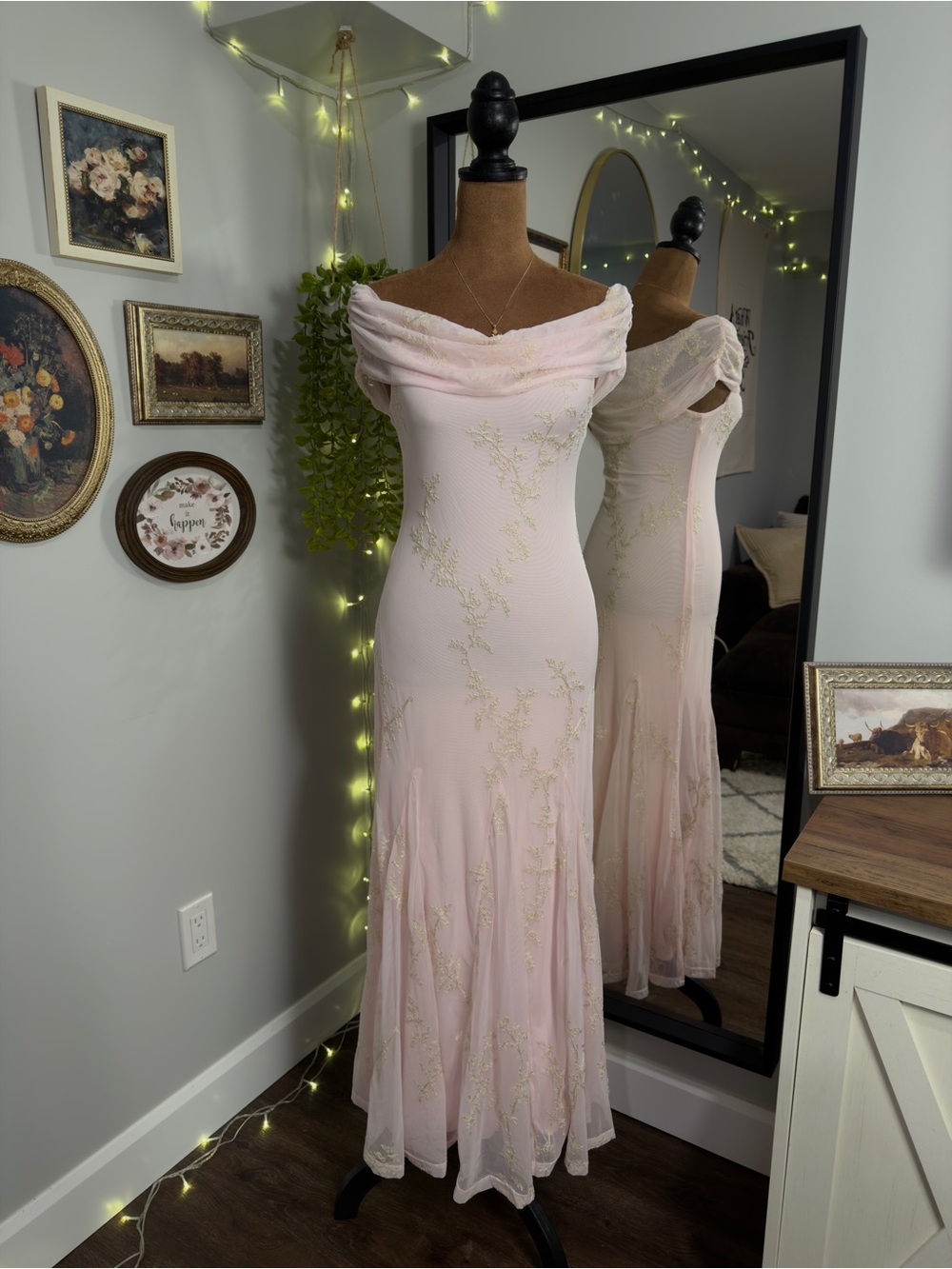 Pink Maxi Dress with Gold Floral Embroidery